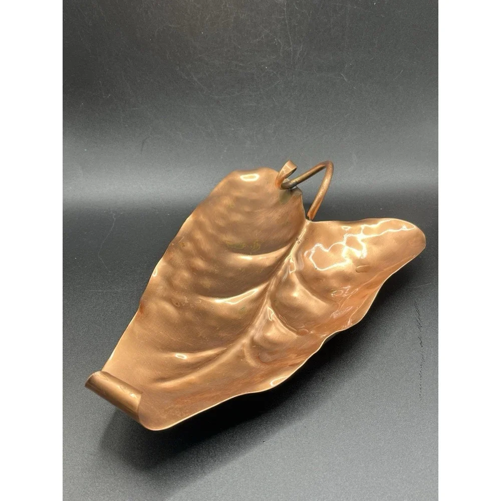 Gregorian Authentic Handmade Solid Copper Leaf Tray Twisted Handle‎ Vtg Decor